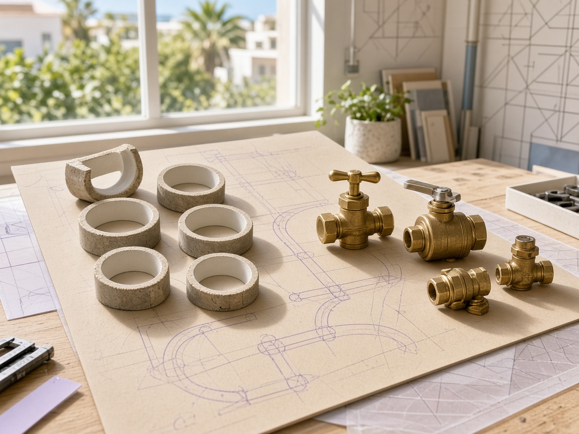 Bench notes and brass fittings on a bright drafting board